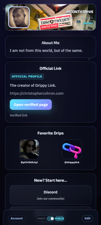 Example link page: profile header and Drops on a phone.